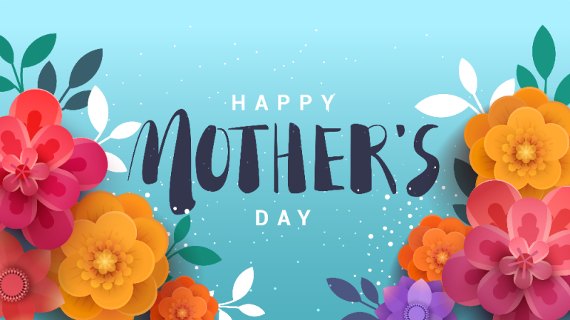 A modern illustration of a happy mother's day, with paper flowers and letteron. The illustration can be used in the newsletter, brochures, postcards, tickets, advertisements, banners.