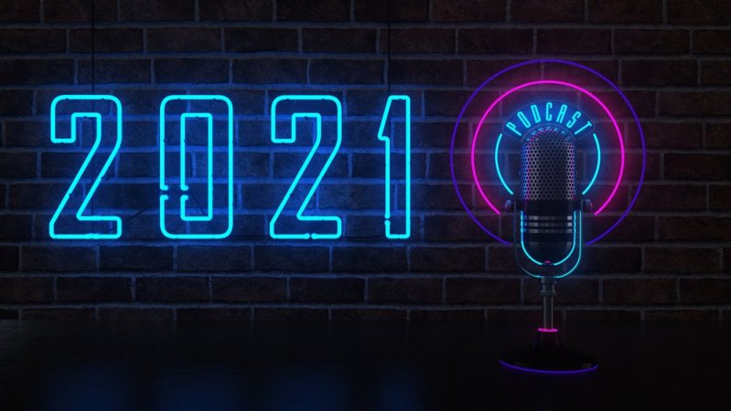 A podcast microphone with the year 2021. 3d illustration.