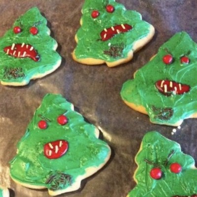 Angry Christmas tree sugar cookies with icing