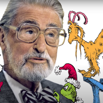 Author Dr. Seuss with superimposed Seuss characters around him