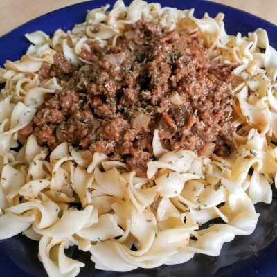 Beef stroganoff egg noodles meat