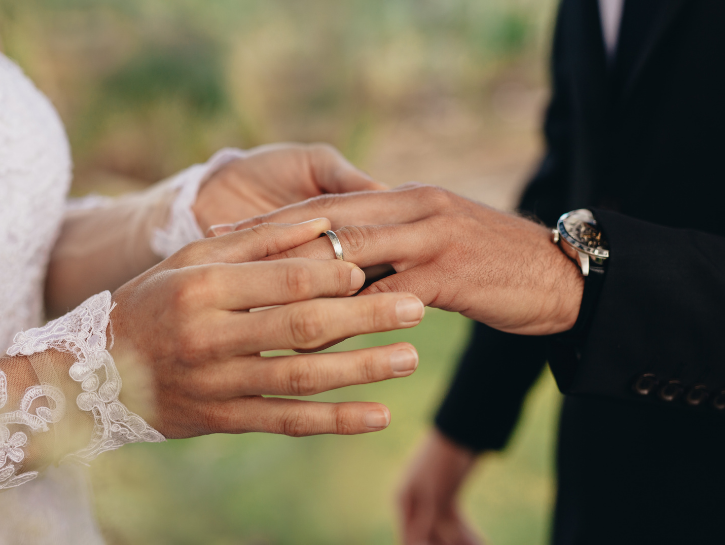 Bride placing ring on groom's finger