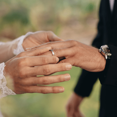 Bride placing ring on groom's finger