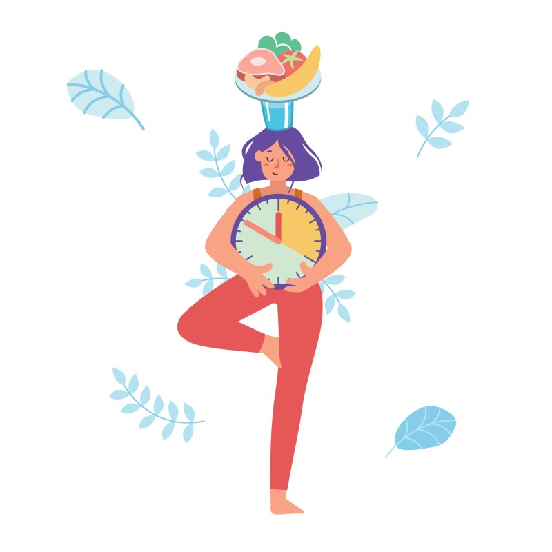 cartoon woman in tree pose holding clock with plate of food on her head