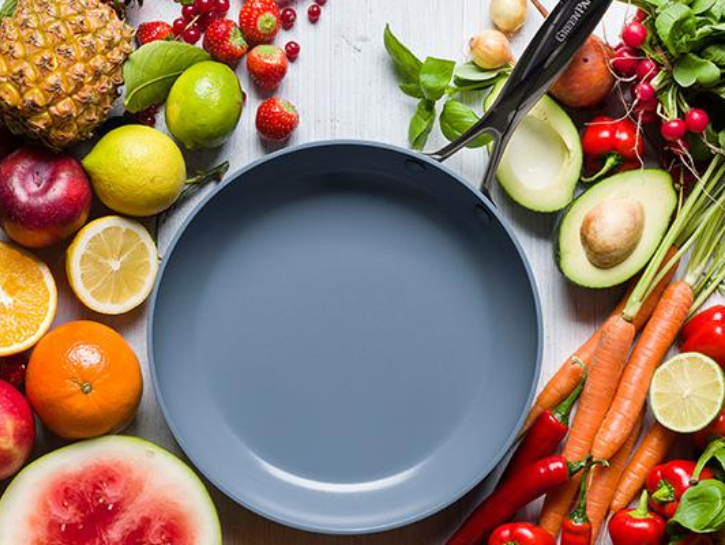 Ceramic coated pan among fruits and vegetables