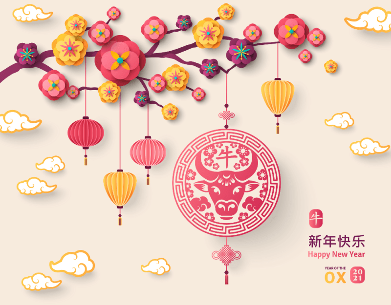 Chinese Greeting Card with Zodiac Symbol for 2021. Vector illustration. Bull in Emblem and Asian Lanterns Hanging on Bright Background. Hieroglyph: in Pendant - Ox, Long phrase - Happy New Year