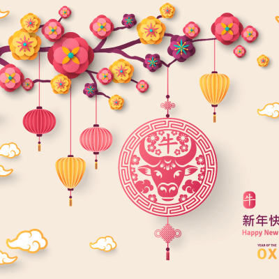 Chinese Greeting Card with Zodiac Symbol for 2021. Vector illustration. Bull in Emblem and Asian Lanterns Hanging on Bright Background. Hieroglyph: in Pendant - Ox, Long phrase - Happy New Year