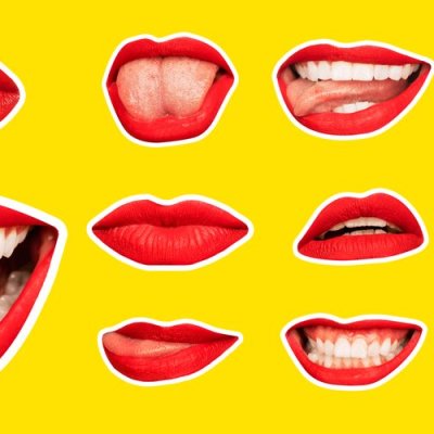 Collage in magazine style with female lips on bright yellow background. Smiling, mouthes screaming, scratching, different emotions. Modern design, creative artwork, style, human emotions concept.
