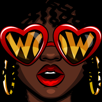 Color vector illustration in comic style. Female face in glasses with the inscription wow. Afro American woman in shock. The girl opened her mouth in surprise. Heart-shaped glasses with text inside