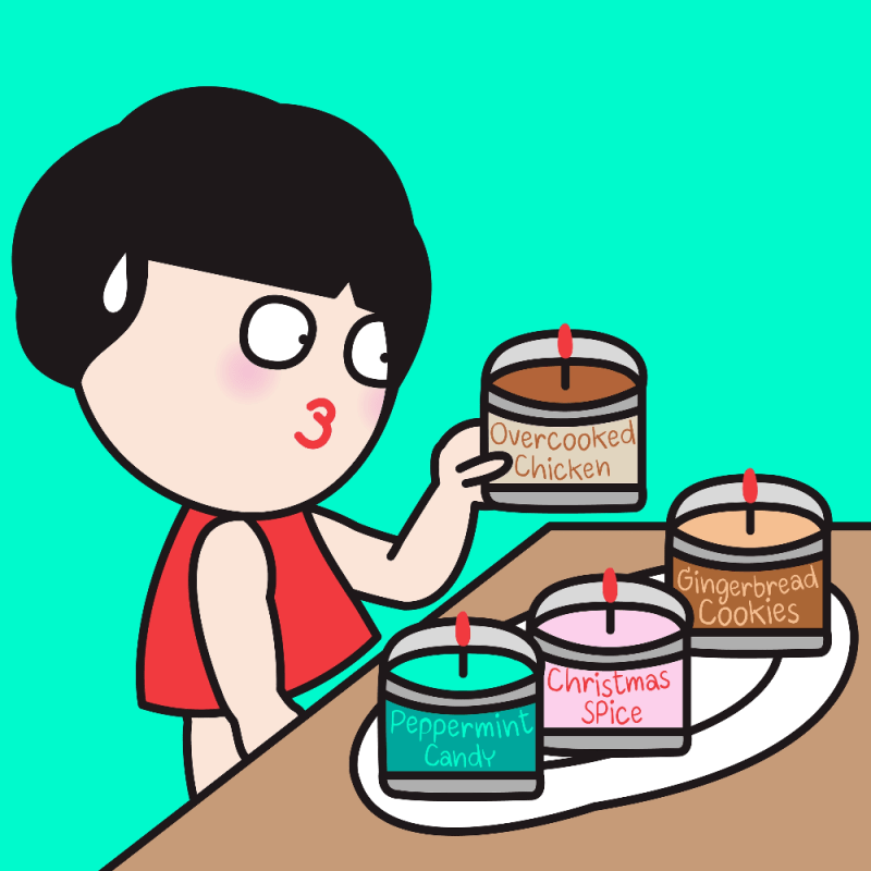 Confused Girl Reacts To The Food-Scented Candles That Smell Exactly Like Yummy Food And Good Enough To Eat Concept Card Character illustration