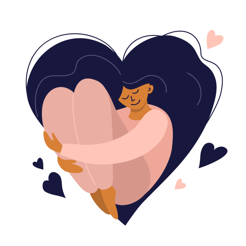 Cute girl with heart-shaped long hair. Self-care, love yourself icon or body-positive concept. A happy woman hugs her knees. Illustration of International Women's day. Vector postcard, Valentine card.