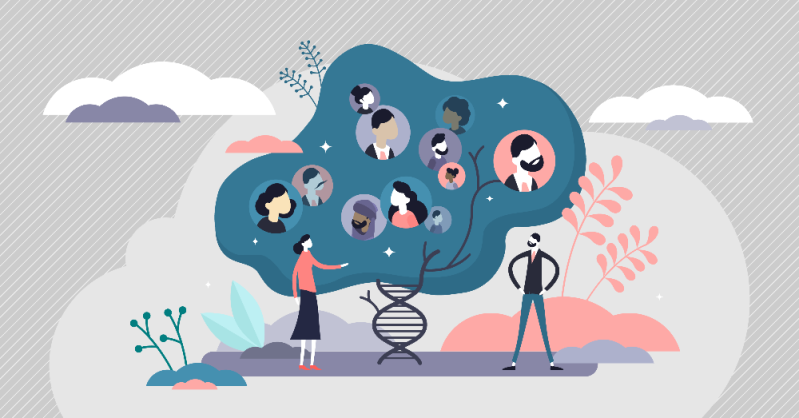 DNA genetic human family tree information research concept, flat tiny persons vector illustration. Creative genome structure abstract graphic visualization. Biology science laboratory data project.