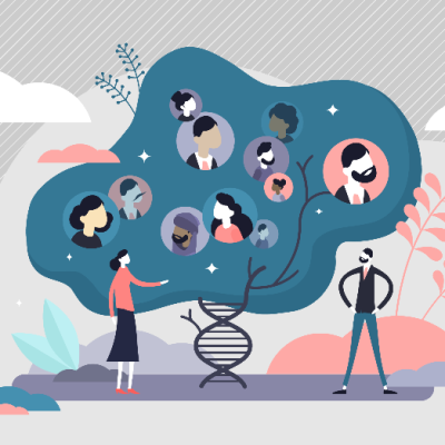 DNA genetic human family tree information research concept, flat tiny persons vector illustration. Creative genome structure abstract graphic visualization. Biology science laboratory data project.