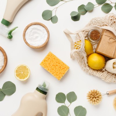 Eco-friendly natural cleaners, cleaning products, chemical detergent bottles, flat lay on white background