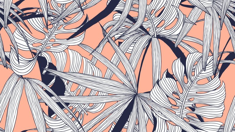 Floral seamless pattern, split-leaf Philodendron and palm leaves on orange background, line art ink drawing