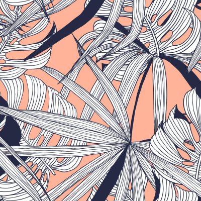 Floral seamless pattern, split-leaf Philodendron and palm leaves on orange background, line art ink drawing