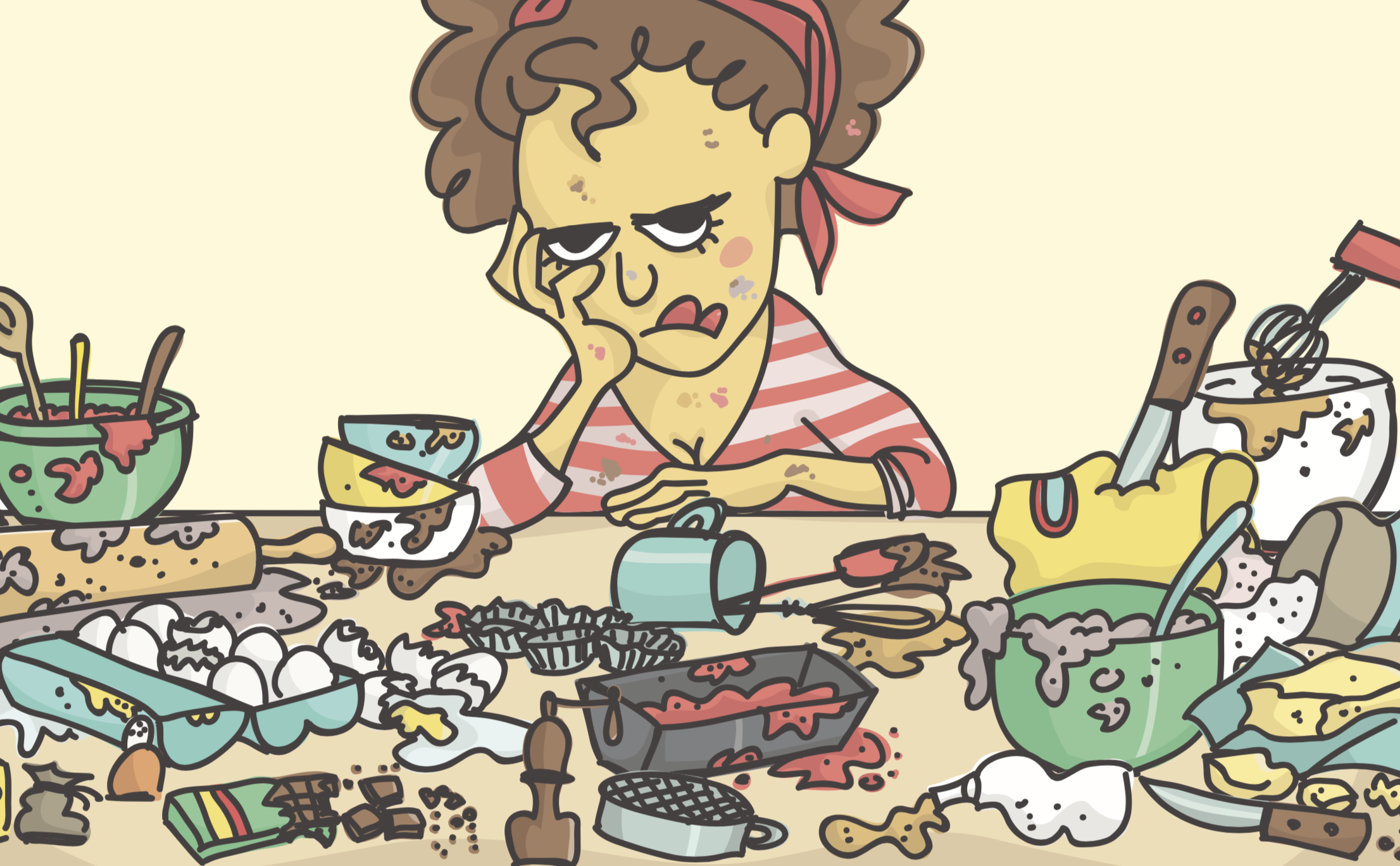 frustrated woman cooking with mess