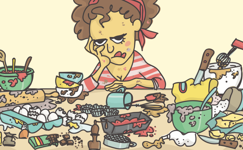 frustrated woman cooking with mess