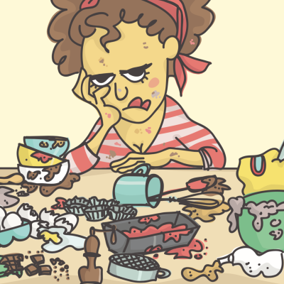frustrated woman cooking with mess