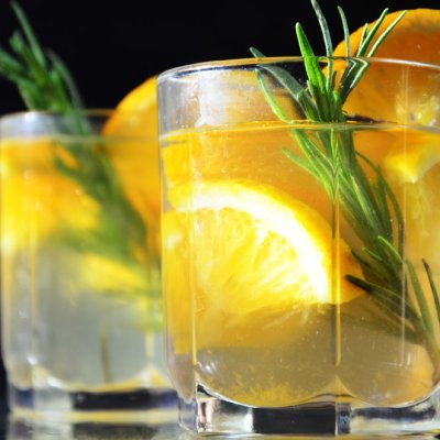 glasses of honey bourbon cocktail with rosemary whiskey sour drink with orange peel, or winter warmer drink punch or mulled wine christmas party cocktail or detox, healthy drink for diet, vitamin c