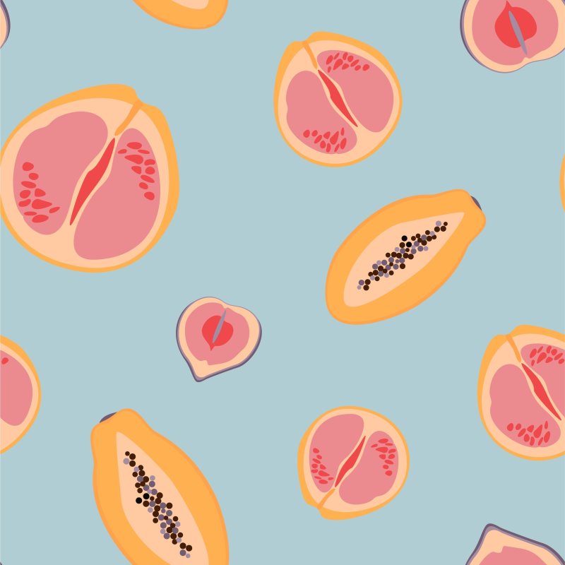 Grapefruit, Papaya fruit, and Fig fruit. Trendy hand-drawn fruits seamless vector pattern. Sweet food and healthy habits.