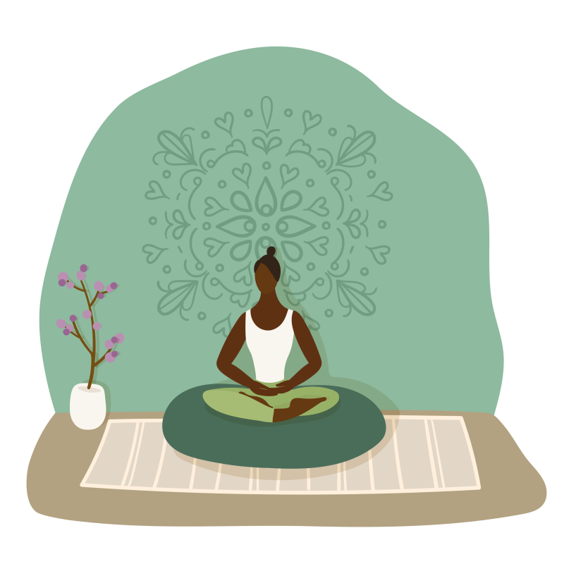 illustrated woman meditating on a meditation cushion