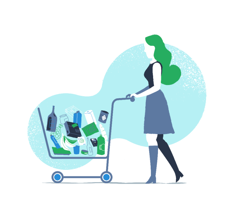 illustrated woman with shopping cart full of items