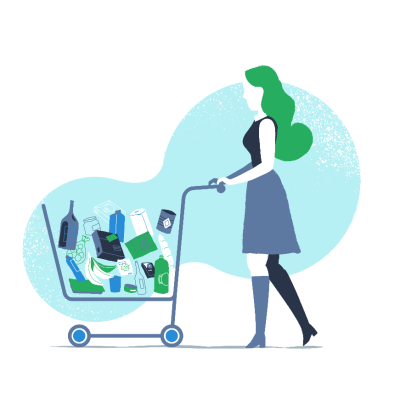 illustrated woman with shopping cart full of items