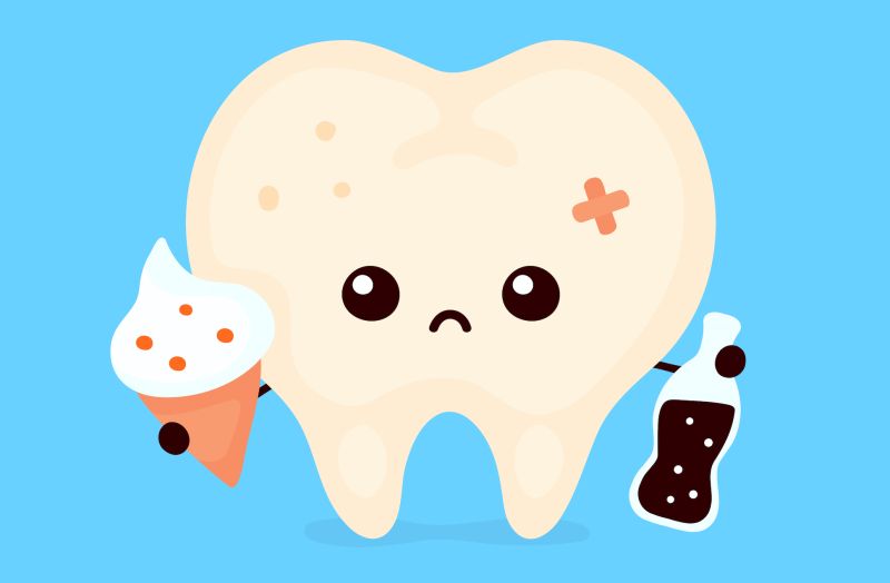 illustration of a tooth holding ice cream and soda