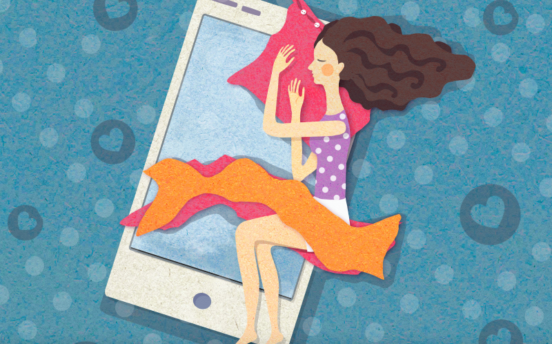 illustration woman sleeping on cell phone