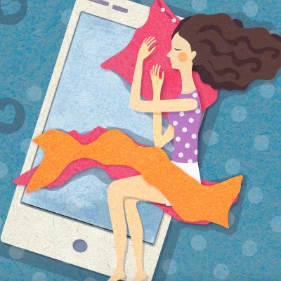 illustration woman sleeping on cell phone