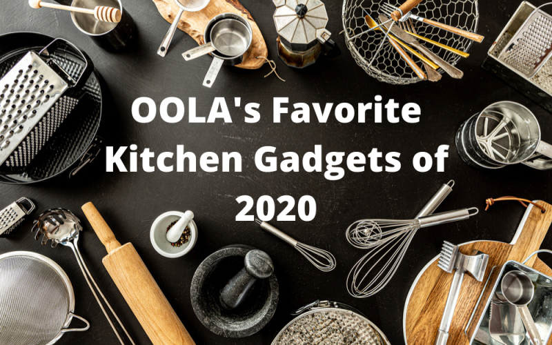 Kitchen utensils (cooking tools) on black chalkboard background. Kitchenware collection captured from above (top view, flat lay). OOLA's Favorite Kitchen Gadgets of 2020