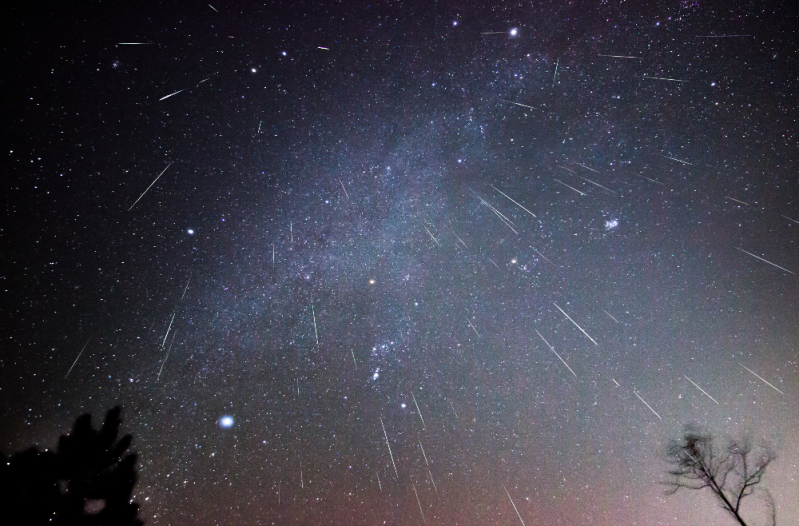 Long exposure shot of meteor shower in starry night sky