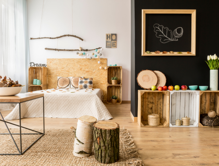 modern bedroom with chalkboard wall hanging