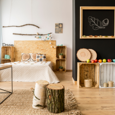 modern bedroom with chalkboard wall hanging