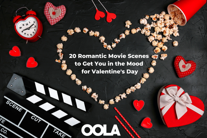 Movie clapper board, popcorn heart, gift box, candles and other love objects on black background with copy space. Valentine's Day, date and romantic evening concept. Love story movies.