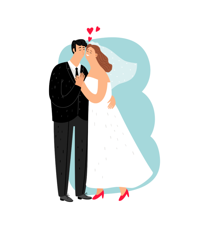 Newlyweds. Happy young family having wedding ceremony. Man and woman getting married. Bride and groom, girl in wedding dress vector illustration