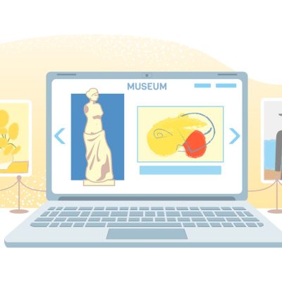 Online art gallery banner. Virtual museum in modern laptop isolated on white background. Online exhibition Tours, Internet technology. Home leisure on mobile devices. Web tourism Vector concept.