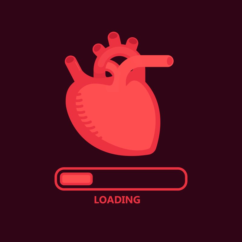 red anatomical heart illustration that says "loading"