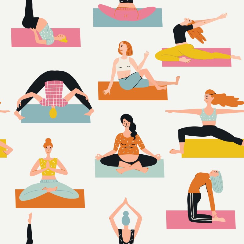Seamless pattern with cartoon people in yoga position and meditate. Cute illustration of people doing exercise. Lifestyle infographics, mental and physical benefits of practice.