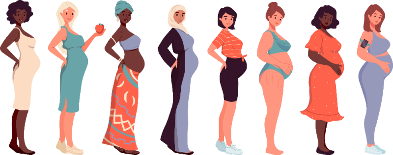 Set of different pregnant women, dress, hijab, underwear. African american, arab woman, caucasian. Young beautiful multi-ethnic mothers of different nationalities. Diversity, multiethnic society.