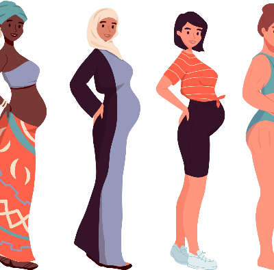 Set of different pregnant women, dress, hijab, underwear. African american, arab woman, caucasian. Young beautiful multi-ethnic mothers of different nationalities. Diversity, multiethnic society.