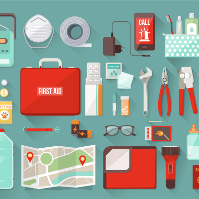 Survival emergency kit for evacuation, vector objects set on white background