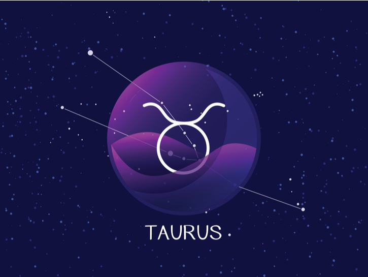 Taurus sign zodiac background. Beautiful and simple vector image of night starry sky with Taurus or bull zodiac constellation behind glass sphere with encapsulated Taurus sign and constellation name