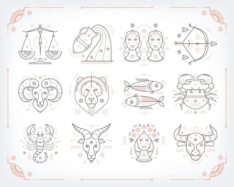 Thin line vector zodiacal symbols. Astrology, horoscope sign, graphic design elements, printing template. Vintage outline stroke style. Isolated on white