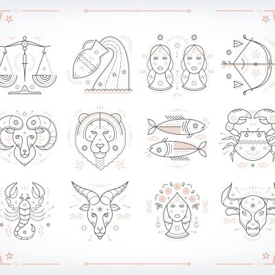 Thin line vector zodiacal symbols. Astrology, horoscope sign, graphic design elements, printing template. Vintage outline stroke style. Isolated on white