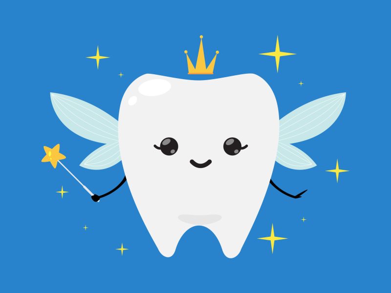 Tooth fairy wearing crown and holding a star magic wand