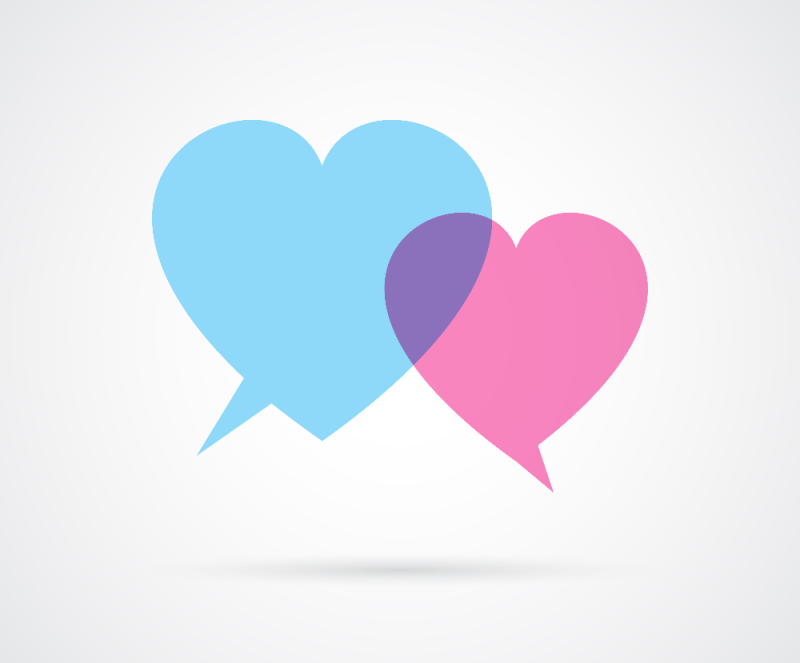 Two heart shaped love speech bubbles. Male and female concept. Dialog. Vector illustration