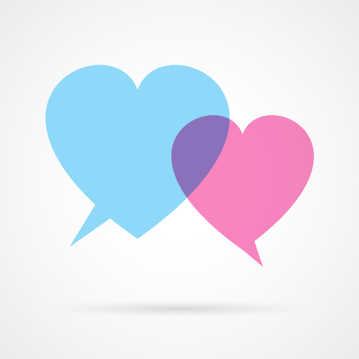 Two heart shaped love speech bubbles. Male and female concept. Dialog. Vector illustration