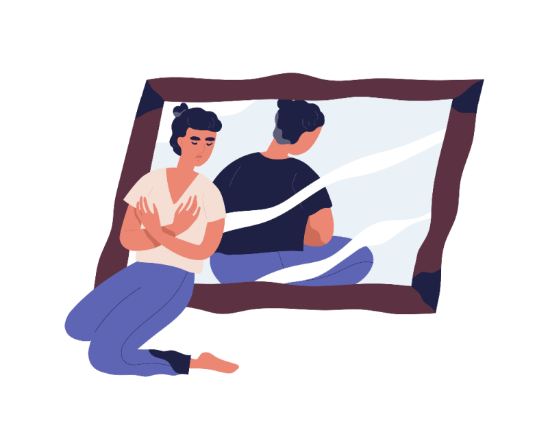 Vector illustration of woman looking sad next to mirror reflection